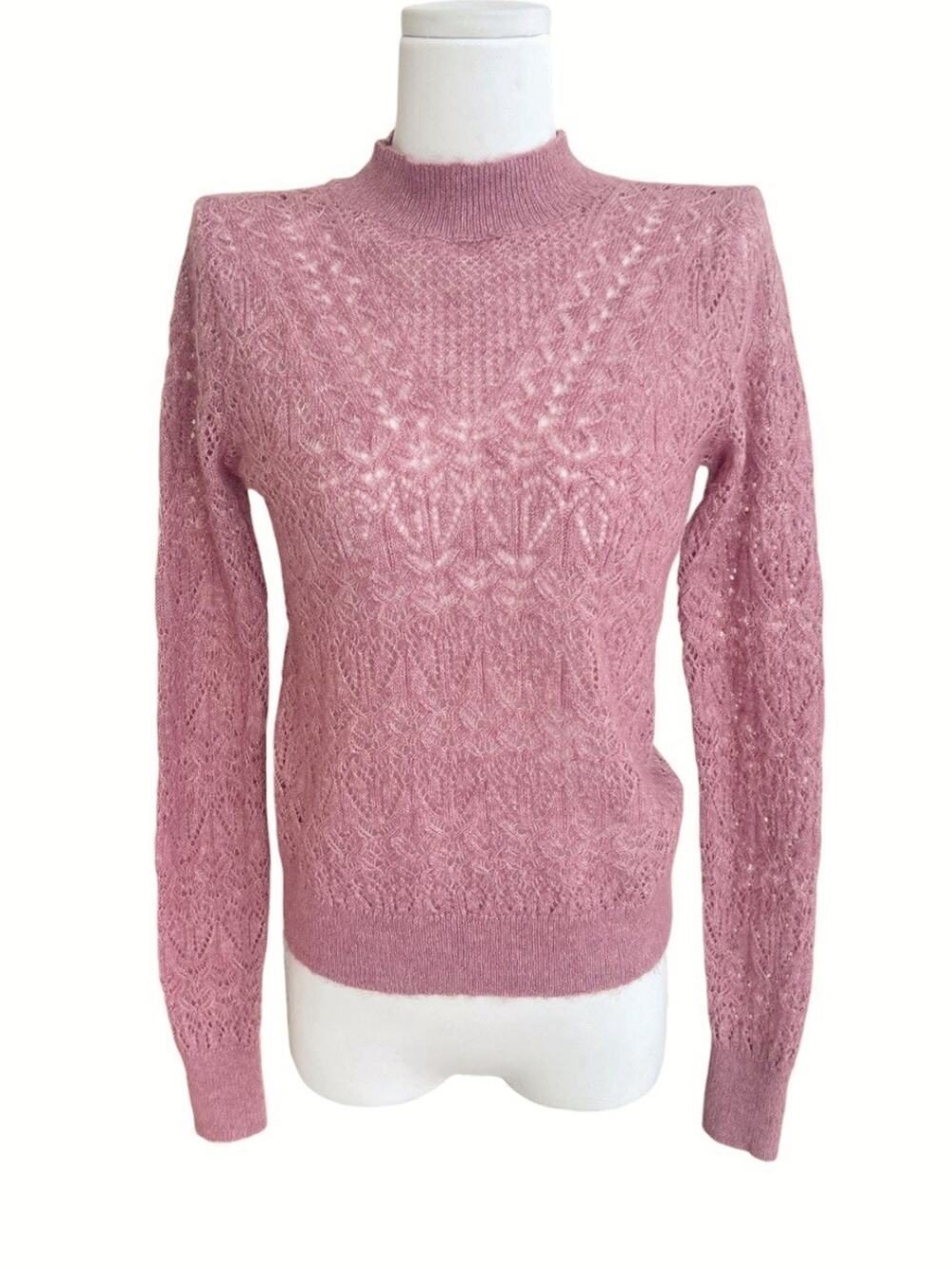 LOFT NWT Mauve Pink Sz XS Open Knit Sweater Mock Neck Pastel Preppy Wool Blend